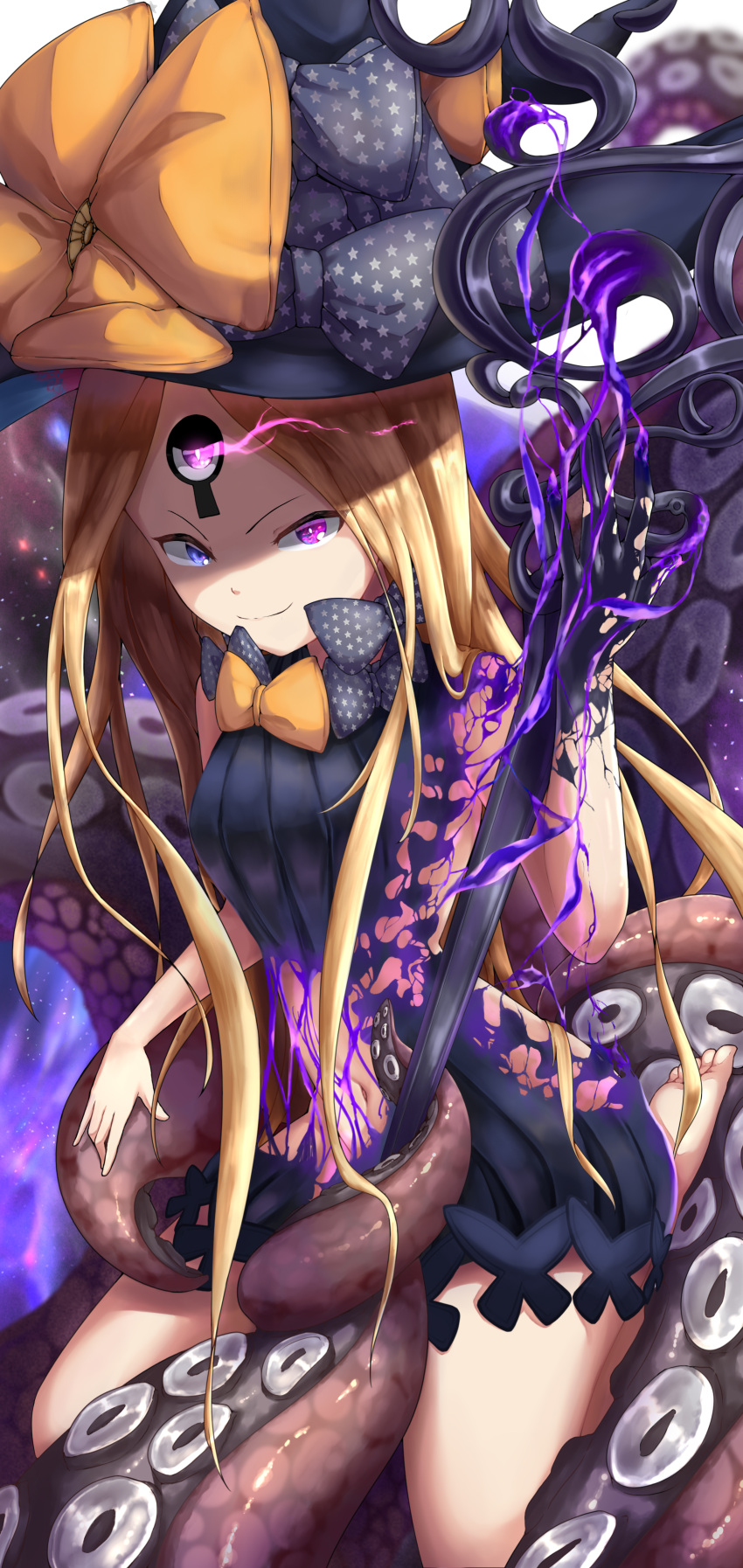 1girl abigail_williams_(fate/grand_order) absurdres black_bow black_dress blonde_hair bow commentary_request corruption dress evil_smile fate/grand_order fate_(series) heterochromia highres keyhole long_hair looking_at_viewer navel nine7284 orange_bow polka_dot polka_dot_bow smile solo space tentacles violet_eyes