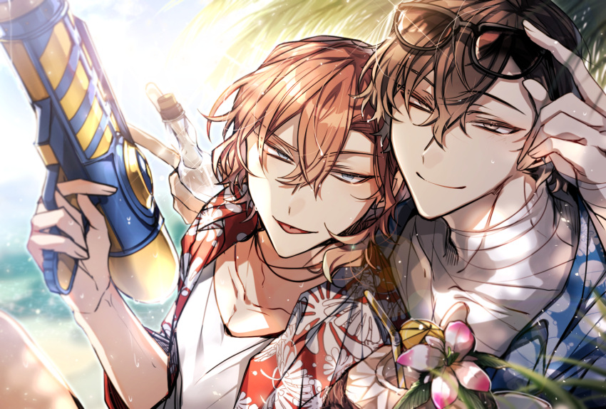 2boys blue_sky bottle brown_eyes brown_hair bungou_stray_dogs day dazai_osamu_(bungou_stray_dogs) drinking_straw eyewear_on_head flower grey_eyes hair_between_eyes hand_up hawaiian_shirt highres looking_at_viewer male_focus multiple_boys nakahara_chuuya outdoors shirt shunnyun sky sunlight super_soaker underwear wet