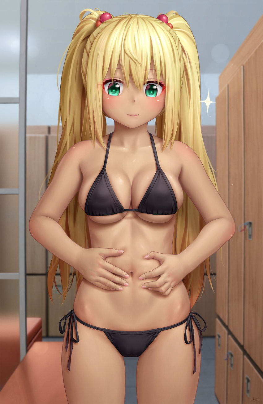 1girl aki99 bangs belly_grab bikini black_bikini blurry blurry_background blush breasts changing_room commentary cowboy_shot dark_skin dumbbell_nan_kilo_moteru? eyebrows_visible_through_hair facing_viewer green_eyes highres indoors long_hair medium_breasts navel revision sakura_hibiki side-tie_bikini smile solo standing swimsuit twintails