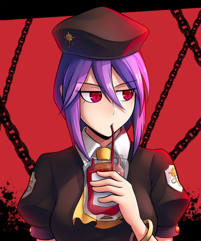 1girl beret blood blood_bag braid brown_vest chain collared_shirt dootmoon drinking_blood eltnum hair_between_eyes hat highres jewelry long_hair melty_blood puffy_short_sleeves puffy_sleeves purple_hair red_background red_eyes shirt short_sleeves single_braid sion_eltnam_atlasia sion_tatari solo tsukihime vampire vest wing_collar