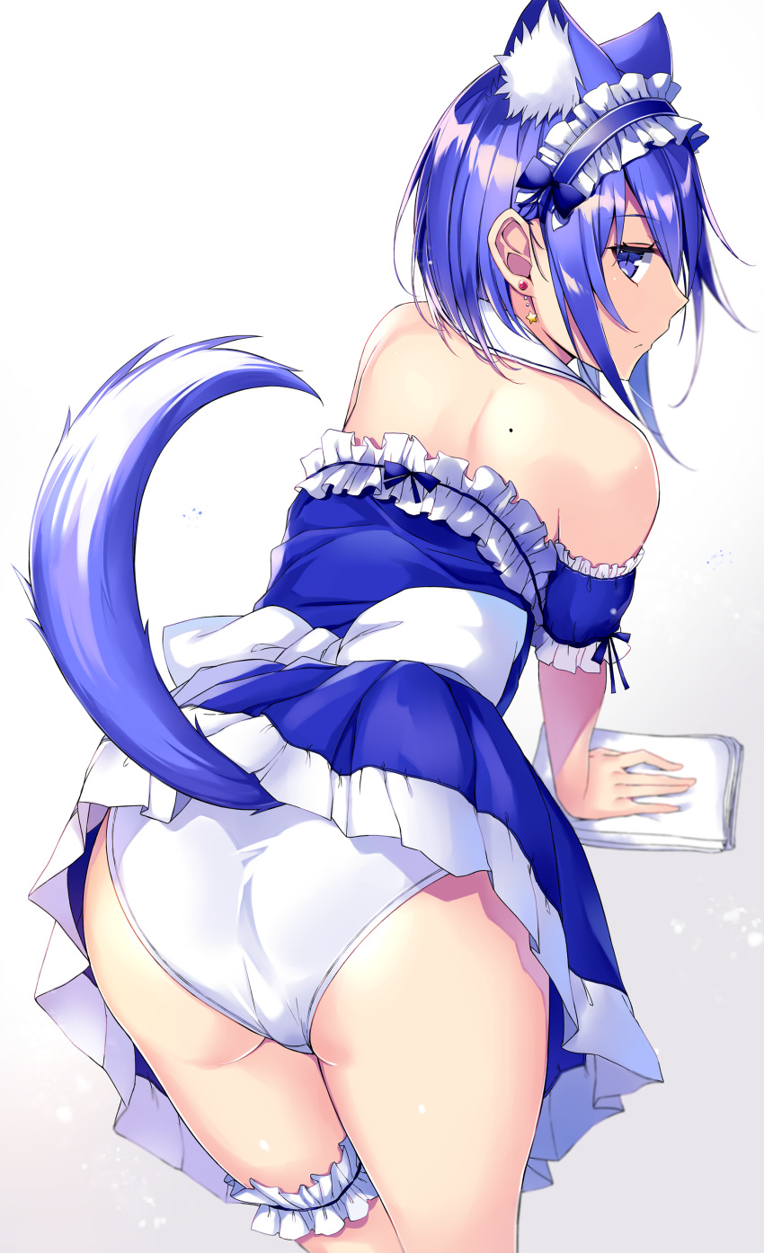 1girl absurdres all_fours animal_ears ass back bare_shoulders blue_dress blue_eyes blue_hair closed_mouth detached_sleeves dress earrings frilled_dress frills highres jewelry kurebayashi_noe leg_garter looking_at_viewer looking_back maid maid_headdress mole original panties profile short_hair short_sleeves sidelocks simple_background slit_pupils solo strapless strapless_dress tail thighs underwear white_background white_panties wolf_ears wolf_tail