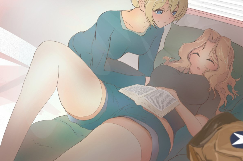 2girls bangs black_shirt blinds blonde_hair blue_eyes blue_shirt blue_shorts blurry_foreground book braid brown_jacket closed_eyes closed_mouth couch darjeeling denim denim_shorts emblem eyebrows_visible_through_hair girls_und_panzer hair_intakes indoors jacket kay_(girls_und_panzer) kyougi_sharyou leaning_forward letterboxed long_hair long_sleeves looking_at_another lying multiple_girls on_back on_couch open_mouth saunders_military_uniform shirt short_hair short_shorts short_sleeves shorts sleeping smile star thigh-highs tied_hair white_legwear