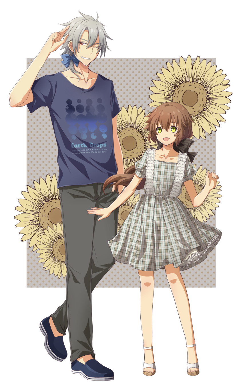 1boy 1girl :d absurdres aono_(aonocrotowa) bangs blue_bow blue_footwear bow brown_bow brown_hair brown_pants collarbone couple dress eiyuu_densetsu eyebrows_visible_through_hair floating_hair green_eyes grey_dress grey_shirt grin hair_between_eyes hair_bow hair_over_shoulder hand_in_pocket highres long_hair one_eye_closed open_mouth pants plaid plaid_dress polka_dot polka_dot_background print_shirt rean_schwartzer red_eyes sen_no_kiseki shiny shiny_hair shirt short_dress short_sleeves silver_hair smile striped striped_bow sundress towa_herschel very_long_hair white_background