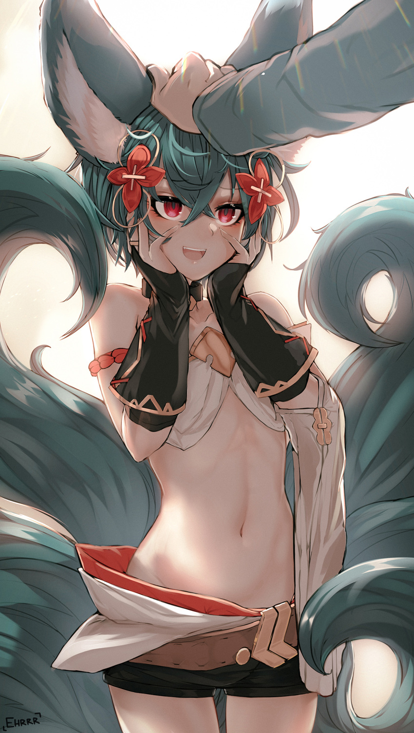 1girl :d animal_ears bangs belt black_collar black_shorts blue_hair bridal_gauntlets collar collarbone crossed_bangs ehrrr erune fangs fox_ears fox_girl fox_tail granblue_fantasy hair_between_eyes hair_ornament hands_on_own_cheeks hands_on_own_face highres multiple_tails navel off_shoulder open_mouth petting red_eyes short_hair short_shorts shorts simple_background smile solo_focus tail upper_teeth you_(granblue_fantasy)