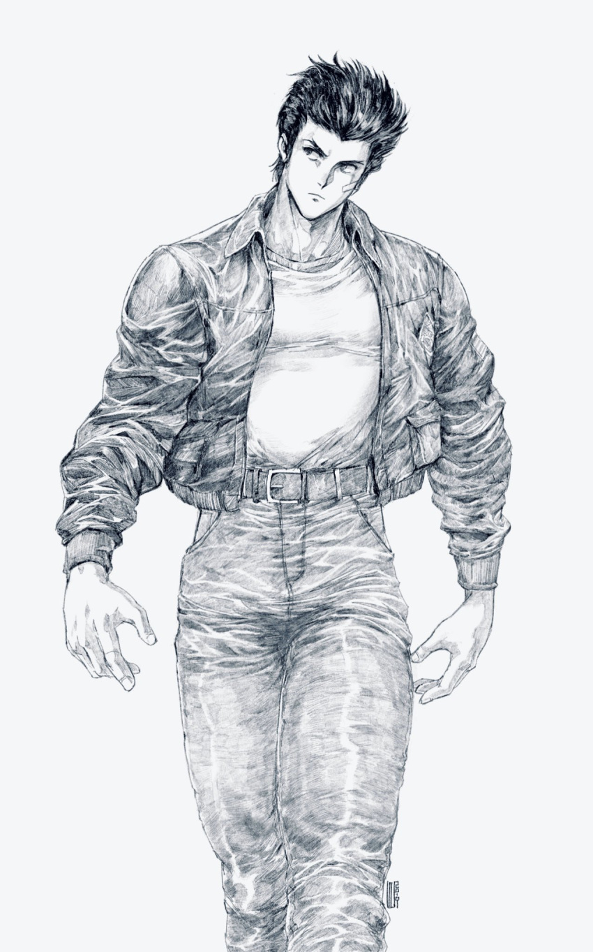 1boy bandaid bandaid_on_face belt black_eyes black_hair closed_mouth dated david_liu denim greyscale hair_slicked_back hatching_(texture) highres jacket jeans male_focus monochrome original pants signature simple_background sketch solo traditional_media walking white_background