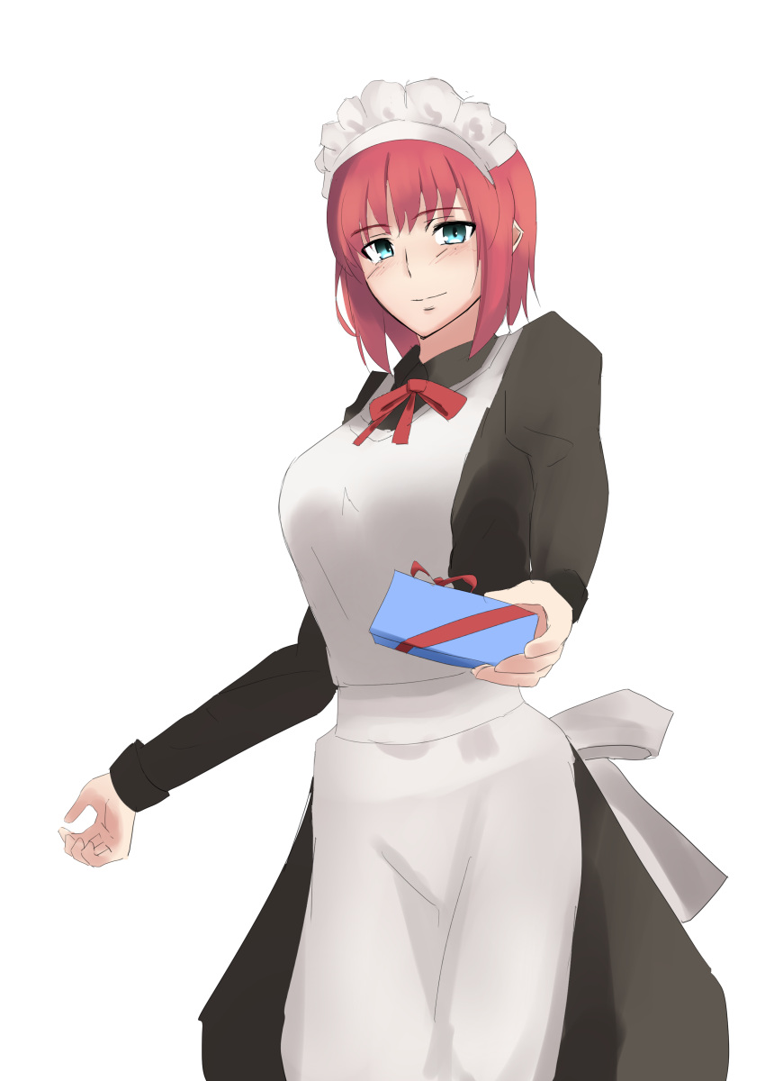 1girl absurdres apron aya_(user_ddya7452) blush box gift gift_box green_eyes highres hisui light_smile looking_at_viewer maid_apron maid_headdress neck_ribbon red_ribbon ribbon short_hair sketch smile solo tsukihime white_background