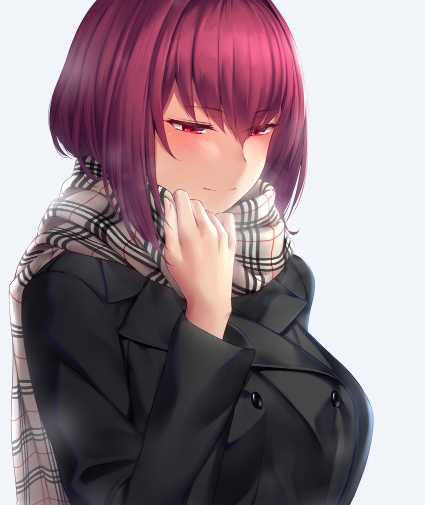 1girl absurdres bangs black_jacket blush breasts buttons closed_mouth fate_(series) hair_between_eyes hair_intakes highres jacket large_breasts long_hair long_sleeves looking_at_viewer lun7732 purple_hair red_eyes scarf scathach_(fate)_(all) scathach_(fate/grand_order) simple_background solo white_background
