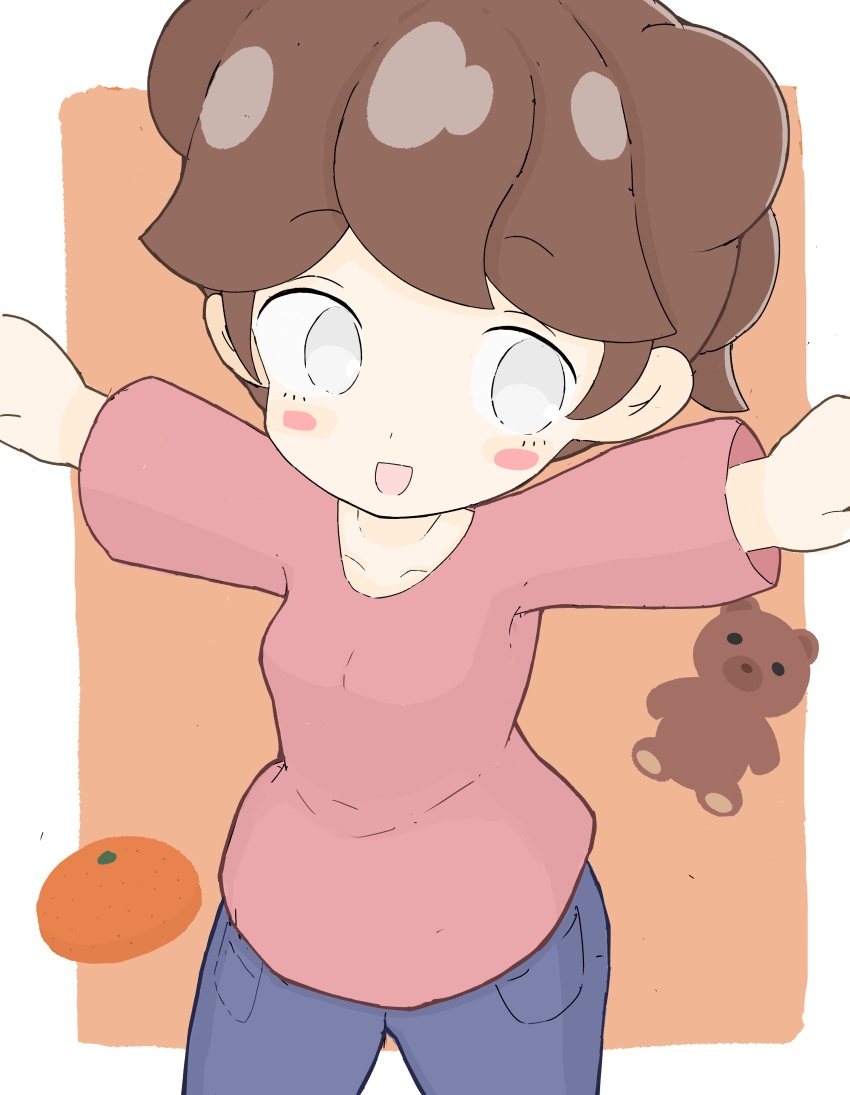 1girl :d absurdres bangs blue_pants blush_stickers breasts brown_background brown_hair commentary_request copyright_request cowboy_shot eyebrows_visible_through_hair food fruit grey_eyes highres mandarin_orange outstretched_arms pants pink_shirt rururu_(pyrk8855) shirt small_breasts smile solo spread_arms stuffed_animal stuffed_toy teddy_bear two-tone_background white_background