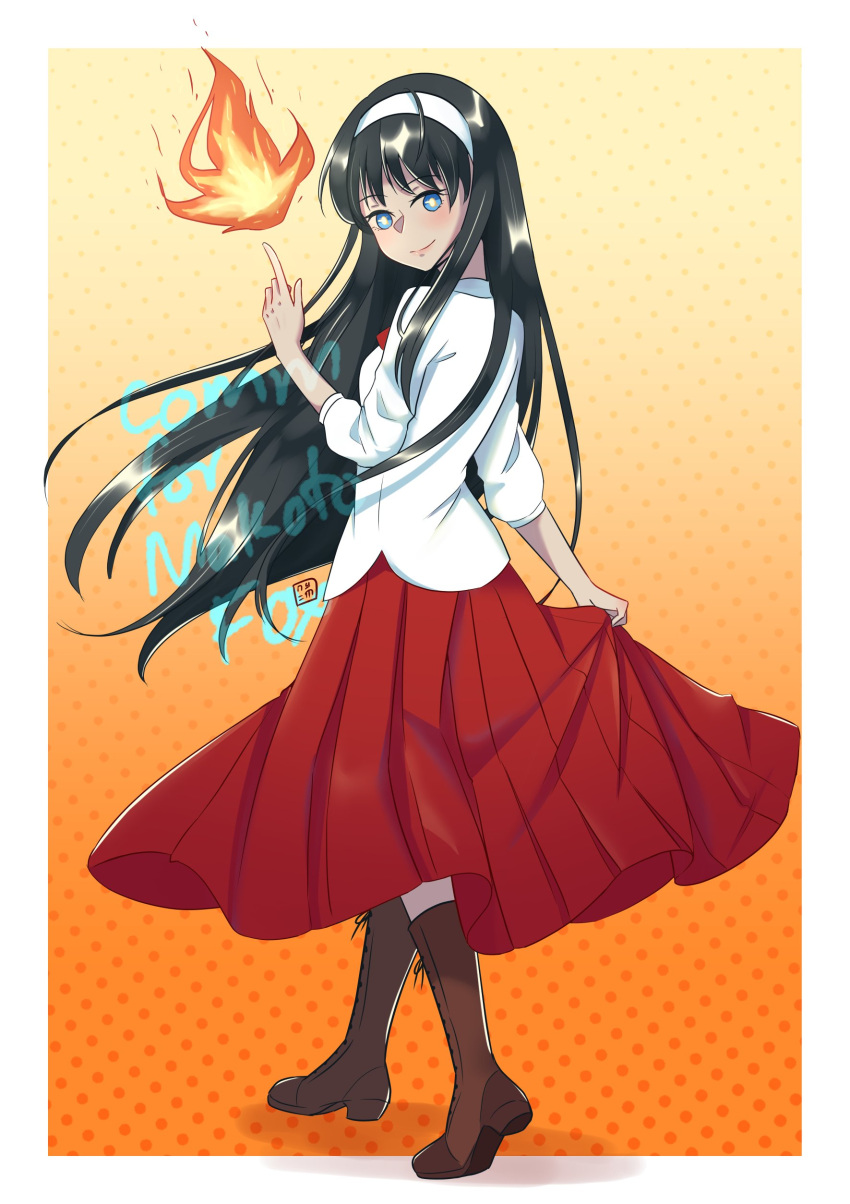 1girl absurdres black_hair blue_eyes blush bow commission english_commentary hairband highres j.c._staff long_hair long_skirt long_sleeves looking_at_viewer melty_blood nyoomdoesstuff red_skirt ribbon skirt skirt_hold smile solo tohno_akiha tsukihime type-moon very_long_hair white_hairband