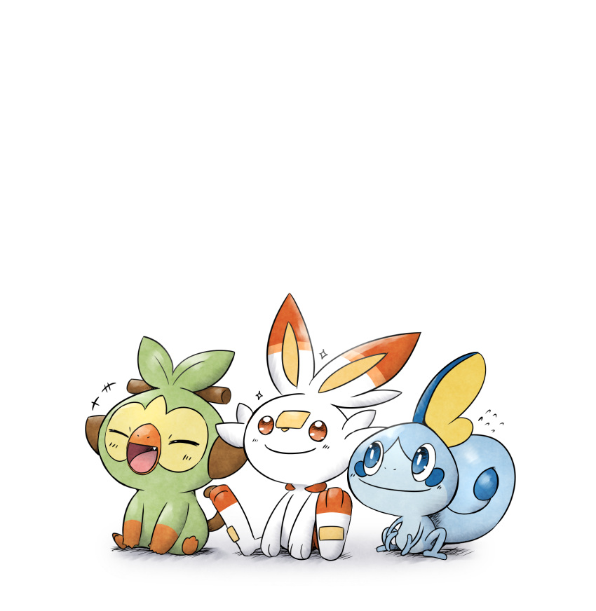 all_fours blue_eyes closed_eyes commentary_request curled_tail fang flying_sweatdrops full_body gen_8_pokemon grookey highres kashiwa_(3920kashiwa) laughing looking_at_another no_humans open_mouth pokemon red_eyes scorbunny simple_background sitting smile sobble sparkle white_background