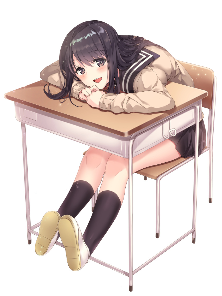 1girl black_hair black_legwear blazer blush chair highres jacket long_hair open_mouth original oyukikeiho pleated_skirt sailor_collar school_uniform serafuku short_hair skirt solo sweater table