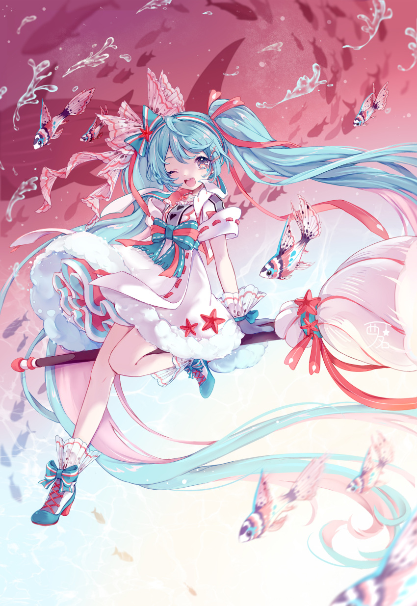 absurdly_long_hair absurdres alternate_costume aqua_bow aqua_hair blue_eyes boots bow broom broom_riding commentary dress dress_bow fish flying_fish frilled_gloves frills full_body fur-trimmed_dress gloves hair_bow hair_ornament hair_ribbon hatsune_miku high_heel_boots high_heels highres koi layered_dress leg_up long_hair looking_at_viewer nishina_hima one_eye_closed open_mouth ribbon shark shoe_bow shoes short_sleeves smile splashing star star_hair_ornament striped striped_bow twintails very_long_hair vocaloid white_gloves