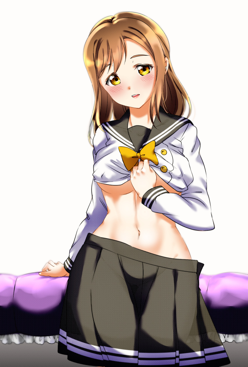 1girl arm_support bakarayuu black_skirt blush breasts brown_hair cowboy_shot groin head_tilt highres kunikida_hanamaru looking_at_viewer love_live! love_live!_school_idol_project love_live!_sunshine!! medium_breasts navel open_mouth parted_lips school_uniform serafuku shirt_lift skirt solo under_boob white_background yellow_eyes