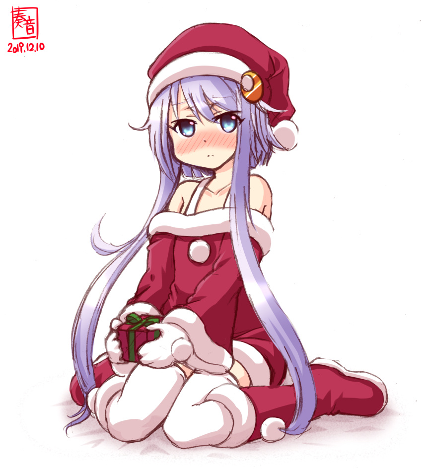 1girl alternate_costume artist_logo blue_eyes blush commentary_request crescent crescent_moon_pin dated dress fur-trimmed_boots fur-trimmed_dress fur_trim gift hat highres kanon_(kurogane_knights) kantai_collection looking_at_viewer pantyhose purple_hair red_dress red_footwear red_headwear santa_costume santa_hat short_hair short_hair_with_long_locks simple_background sitting solo wariza white_background white_legwear white_mittens yayoi_(kantai_collection)