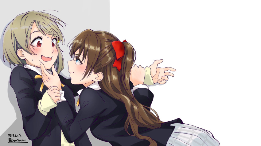 /\/\/\ 2girls artist_name bangs black_jacket blue_eyes blush bow bowtie brown_hair eye_contact face-to-face grey_skirt hair_ornament hair_ribbon hairclip half_updo hands_on_another's_cheeks hands_on_another's_face highres jacket light_brown_hair long_hair looking_at_another love_live! love_live!_school_idol_festival_all_stars multiple_girls nakasu_kasumi nijigasaki_academy_uniform open_mouth ousaka_shizuku perfect_dream_project pleated_skirt red_eyes ribbon sansensui school_uniform shirt short_hair simple_background skirt smile standing surprised white_shirt wide-eyed yuri