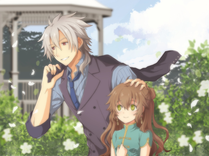 1boy 1girl aono_(aonocrotowa) bangs black_jacket blue_neckwear blue_shirt blurry blurry_background brown_hair china_dress chinese_clothes closed_mouth clouds collared_shirt couple day dress earrings eiyuu_densetsu eyebrows_visible_through_hair flower green_dress green_eyes hair_between_eyes highres holding holding_jacket jacket jacket_removed jewelry long_hair long_sleeves necktie outdoors petals petting rean_schwartzer red_eyes sen_no_kiseki shirt short_sleeves silver_hair smile striped striped_shirt towa_herschel upper_body vertical-striped_shirt vertical_stripes white_flower wing_collar