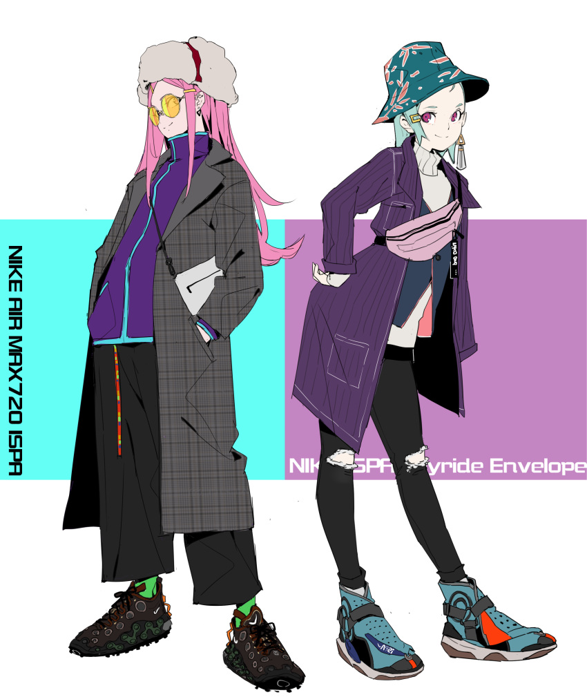 2girls absurdres anemone_(eureka_seven) bag bangs black_pants casual culottes denim earrings eureka eureka_seven eureka_seven_(series) fashion flat_chest fur_hat green_eyes hair_ornament hairclip hand_in_pocket handbag hat highres jeans jewelry long_hair looking_at_viewer makai multiple_girls nike orange_eyes pants parted_bangs pink_hair pinstripe_pattern product_placement round_eyewear shoes short_hair single_earring smile sneakers striped sunglasses sweater torn_clothes torn_jeans torn_pants trench_coat triangle_earrings turtleneck turtleneck_sweater unmoving_pattern ushanka violet_eyes