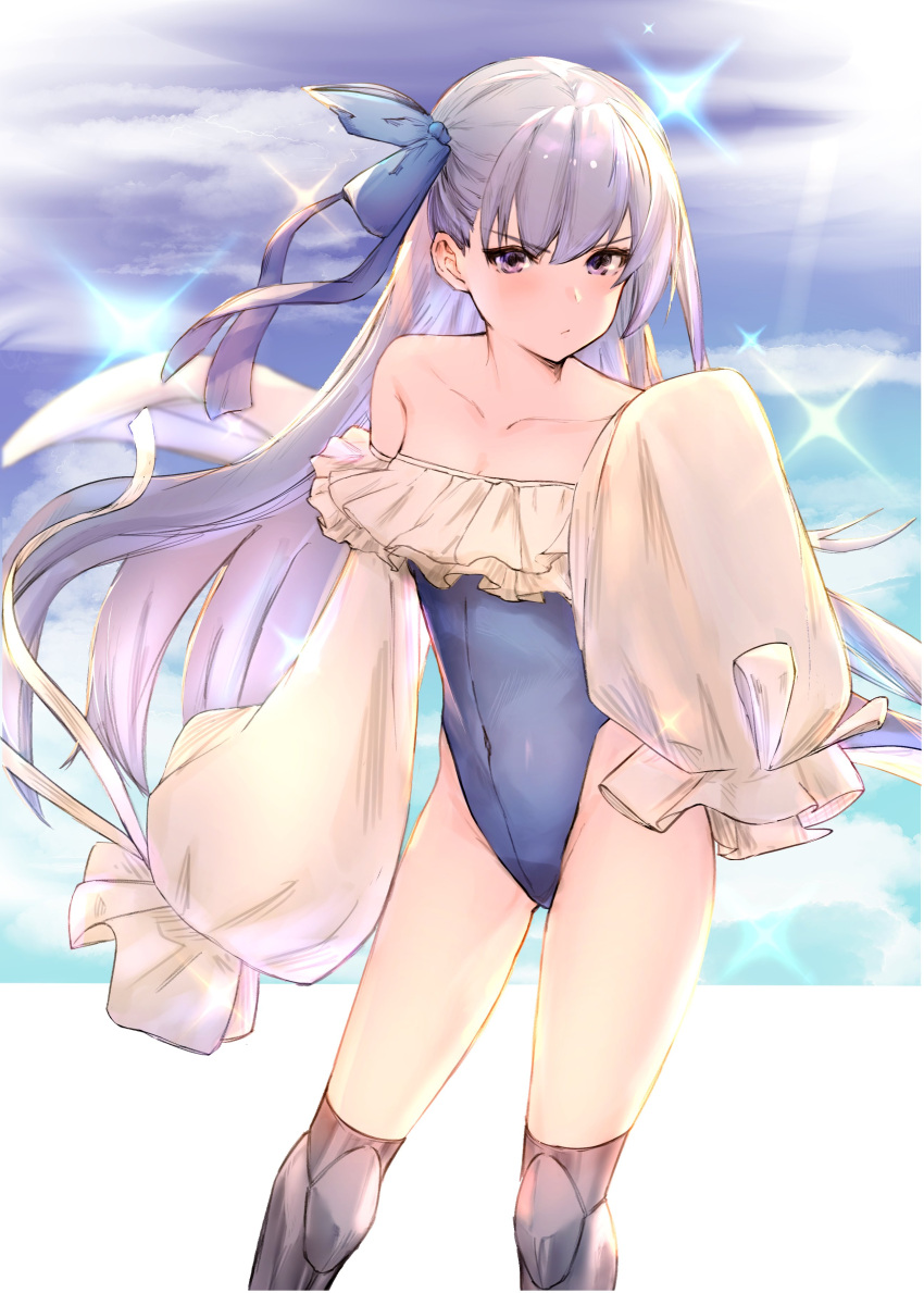 1girl absurdres bangs bare_shoulders blue_bow blue_ribbon blue_swimsuit bow breasts closed_mouth collarbone commentary_request covered_navel eyebrows_visible_through_hair fate/grand_order fate_(series) highleg highleg_swimsuit highres long_hair looking_at_viewer meltryllis meltryllis_(swimsuit_lancer)_(fate) otomo purple_hair ribbon simple_background small_breasts solo sparkle standing strapless strapless_swimsuit swimsuit thigh-highs thighs tied_hair very_long_sleeves