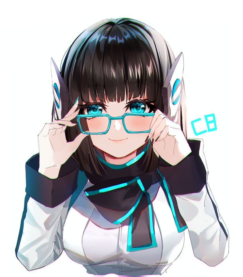 1girl bangs baocaizi black_bow black_hair blue-framed_eyewear blue_eyes blush bow breasts closed_mouth commentary_request eyebrows_visible_through_hair glasses hands_up headgear highres humagear_headphones is_(kamen_rider_01) jacket kamen_rider kamen_rider_01_(series) large_breasts long_sleeves simple_background smile solo white_background white_jacket