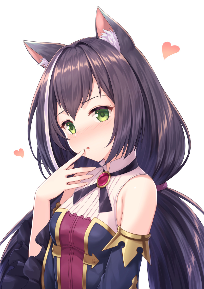 1girl :o absurdres animal_ear_fluff animal_ears bangs bare_shoulders black_hair blush breasts cat_ears collared_shirt commentary_request eyebrows_visible_through_hair green_eyes hand_up heart highres kyaru_(princess_connect) long_hair low_twintails multicolored_hair parted_lips princess_connect! princess_connect!_re:dive shirt sleeveless sleeveless_shirt small_breasts solo streaked_hair tomo_(user_hes4085) twintails upper_body very_long_hair white_hair white_shirt