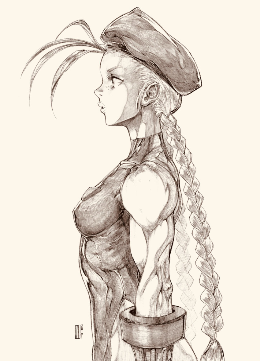 1girl 2019 antenna_hair braid breasts cammy_white commentary david_liu elbow_gloves english_commentary forehead freckles from_side gloves graphite_(medium) highleg highleg_leotard highres leotard lips long_hair muscle muscular_female nose signature sketch skin_tight sleeveless small_breasts solo street_fighter street_fighter_ii_(series) toned traditional_media twin_braids very_long_hair