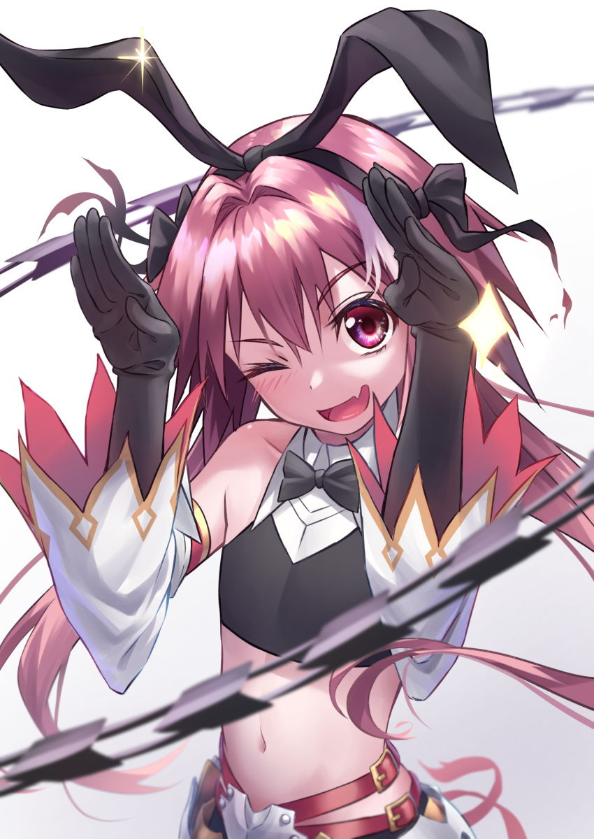 1boy absurdres astolfo_(fate) astolfo_(saber)_(fate) bangs bare_shoulders belt black_bow black_gloves black_neckwear black_ribbon black_shirt black_skirt blush bow bowtie bunny_pose crop_top fang fate/grand_order fate_(series) faulds gloves hair_between_eyes hair_bow hair_intakes hair_ribbon hands_up highres long_hair long_sleeves looking_at_viewer low_twintails midriff multicolored_hair navel one_eye_closed open_mouth otoko_no_ko pink_hair pleated_skirt ribbon shirt shun'ya_(daisharin36) simple_background skirt smile solo sparkle streaked_hair twintails violet_eyes whip_sword white_background white_hair wide_sleeves wing_collar