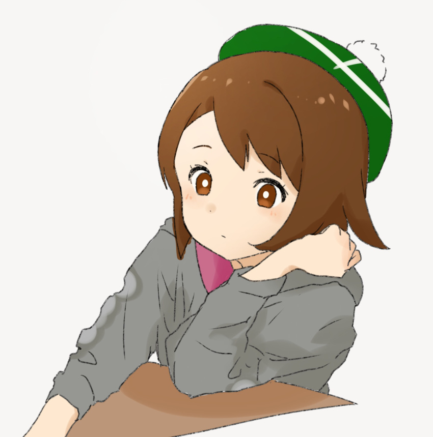 1girl bangs bob_cut brown_eyes brown_hair green_headwear grey_cardigan hat highres long_sleeves pokemon pokemon_(game) pokemon_swsh short_hair solo tam_o'_shanter yano_(spirit1022) yuuri_(pokemon)