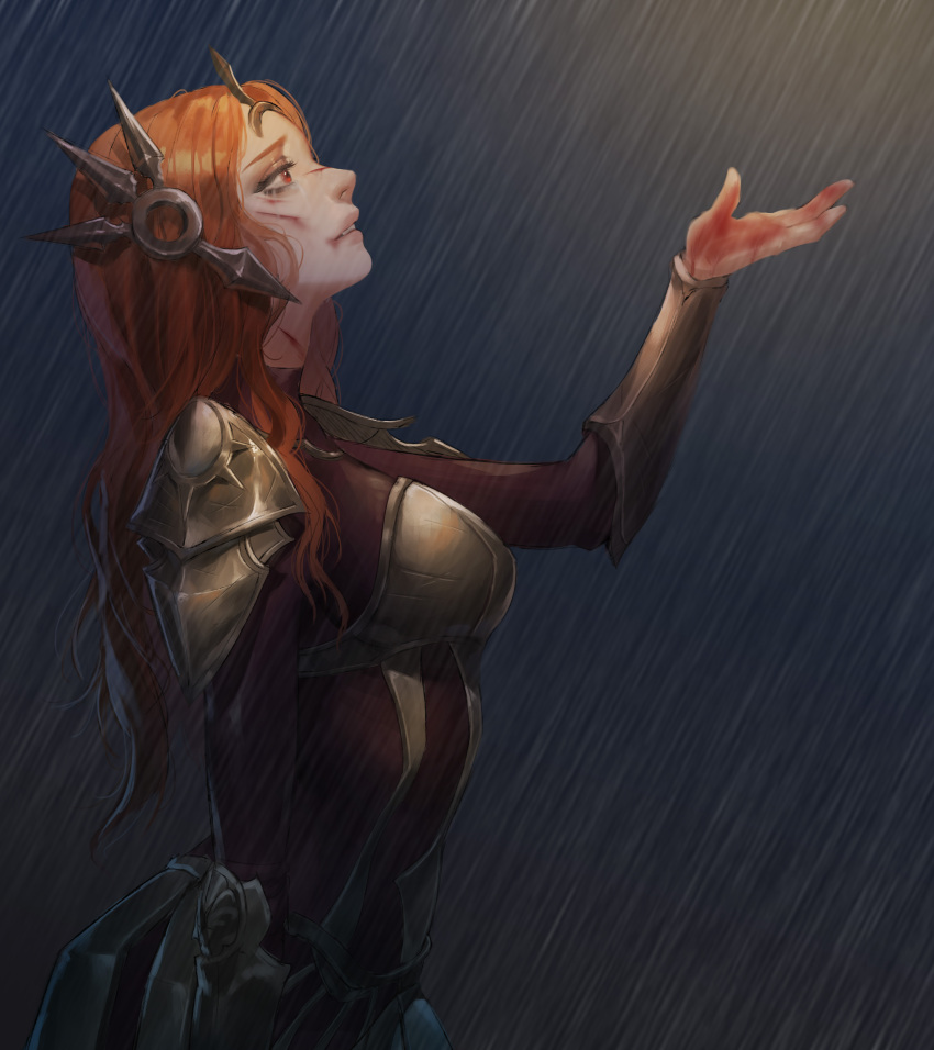 1girl absurdres armor blood bloody_hands bodysuit bracer breastplate breasts cuts ear_protection eyelashes faulds from_side highres injury league_of_legends leona_(league_of_legends) lips long_hair looking_up love_finn medium_breasts nose orange_hair outstretched_hand pauldrons rain red_eyes solo