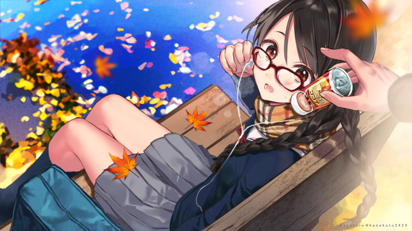 1girl autumn_leaves bag bench black_hair black_legwear blazer blue_jacket blurry braid brown_scarf can canned_coffee commentary_request depth_of_field earphones from_above glasses grey_skirt hanekoto holding jacket kneehighs leaf long_hair looking_at_viewer looking_up maple_leaf open_mouth original pleated_skirt red-framed_eyewear red_eyes scarf school_bag school_uniform sitting skirt solo sweat thighs twin_braids twintails watermark