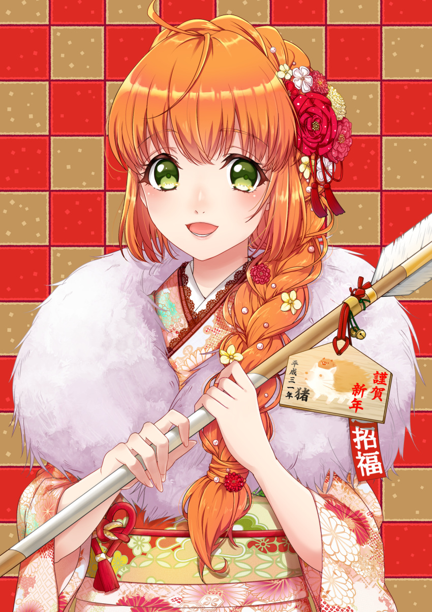 1girl :d aigisaki_kohana arrow ayakura_azuma bell braid checkered checkered_background flower fur_trim green_eyes hair_flower hair_ornament hamaya highres holding_arrow japanese_clothes jingle_bell kimono long_hair looking_at_viewer magic-kyun!_renaissance new_year open_mouth orange_hair simple_background smile solo upper_body