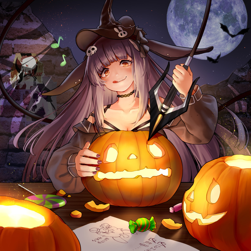 1girl animal_ears arknights bat black_hair candy costume food food_themed_hair_ornament full_moon hair_ornament halloween halloween_basket halloween_costume hat highres jack-o'-lantern lollipop long_hair moon okran pumpkin pumpkin_hair_ornament pumpkin_hat swirl_lollipop tail witch witch_hat