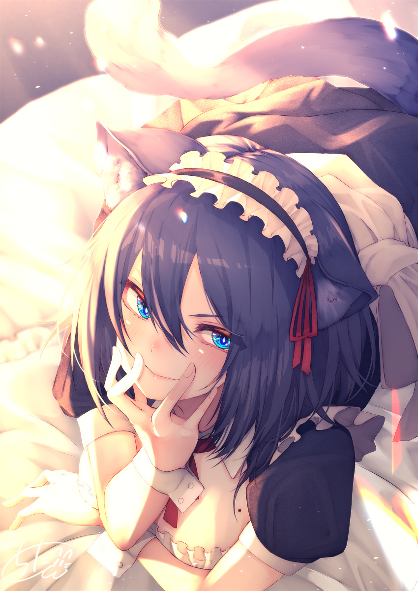 1girl animal_ear_fluff animal_ears backlighting bangs bed_sheet black_dress black_hair black_hairband blue_eyes blush breasts cat_ears cat_girl cat_tail chita_(ketchup) closed_mouth commentary_request dress eyebrows_visible_through_hair frilled_hairband frilled_pillow frills hair_between_eyes hairband highres lying maid medium_breasts mole mole_on_breast on_stomach original pillow puffy_short_sleeves puffy_sleeves short_sleeves signature smile solo tail wrist_cuffs