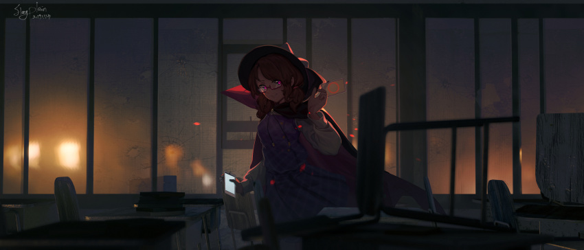 1girl book bow brown_hair cape card cellphone chair cloak crack eyes furahata_gen glass glasses graffiti hat highres looking_at_viewer night phone plaid plaid_vest red_eyes reflection scenery school_chair school_uniform smartphone smile touhou twintails usami_sumireko vest violet_eyes