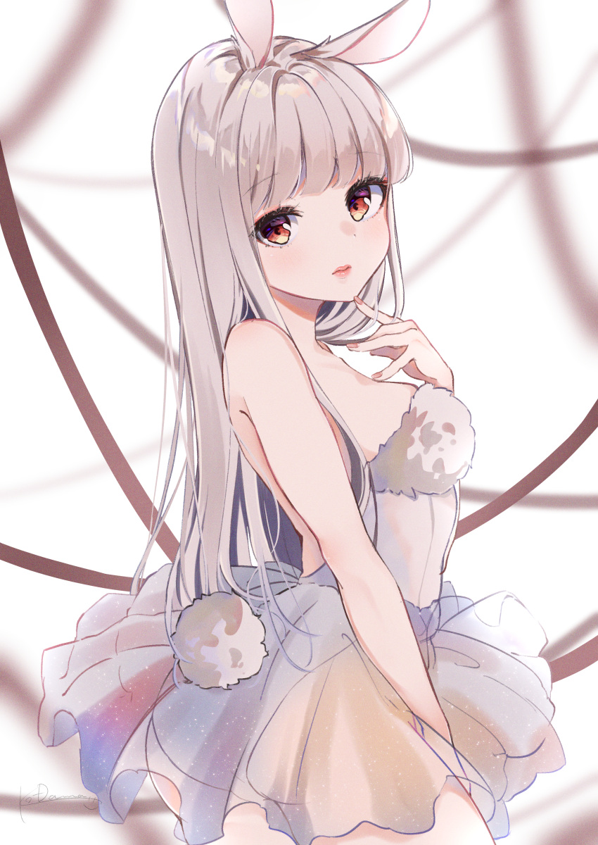 1girl absurdres animal_ears blush breasts bunny_girl bunny_tail dress grey_hair highres huge_filesize kodama_(koda_mat) lips long_hair original rabbit rabbit_ears red_eyes tail white_dress