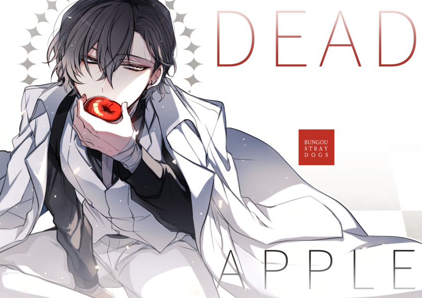 1boy absurdres apple black_hair bungou_stray_dogs bungou_stray_dogs:_dead_apple copyright_name food formal fruit hair_between_eyes highres long_sleeves looking_at_viewer male_focus necktie pants shunnyun simple_background sitting solo suit vest white_pants white_suit white_vest