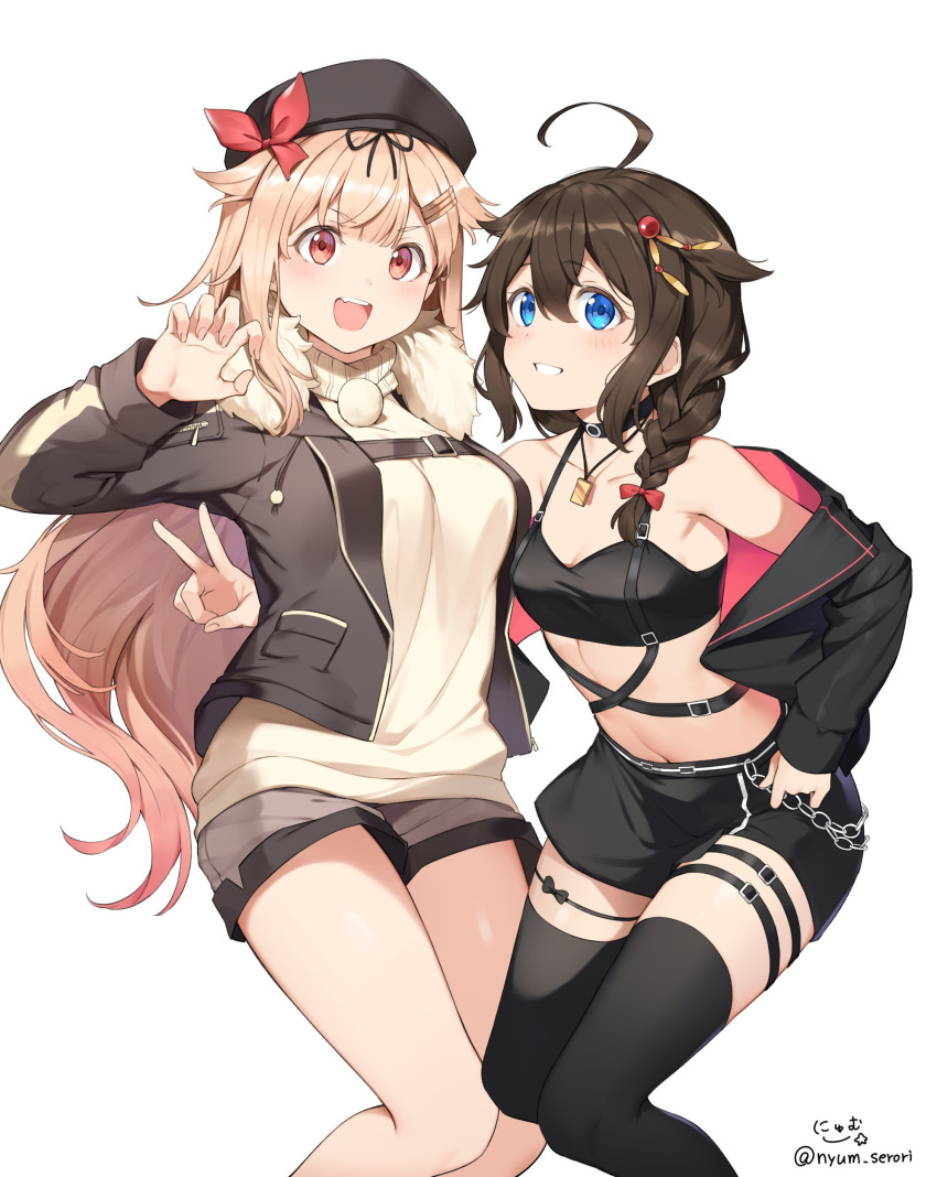 2girls absurdres ahoge alternate_costume black_jacket black_legwear black_ribbon blonde_hair blue_eyes braid breasts brown_hair brown_jacket chain choker eyebrows_visible_through_hair hair_flaps hair_ornament hairclip hat highres jacket jewelry kantai_collection long_hair md5_mismatch miniskirt multiple_girls necklace nyum open_mouth red_eyes ribbon shigure_(kantai_collection) shorts simple_background skirt thigh-highs thigh_strap turtleneck twitter_username v white_background yuudachi_(kantai_collection) zettai_ryouiki