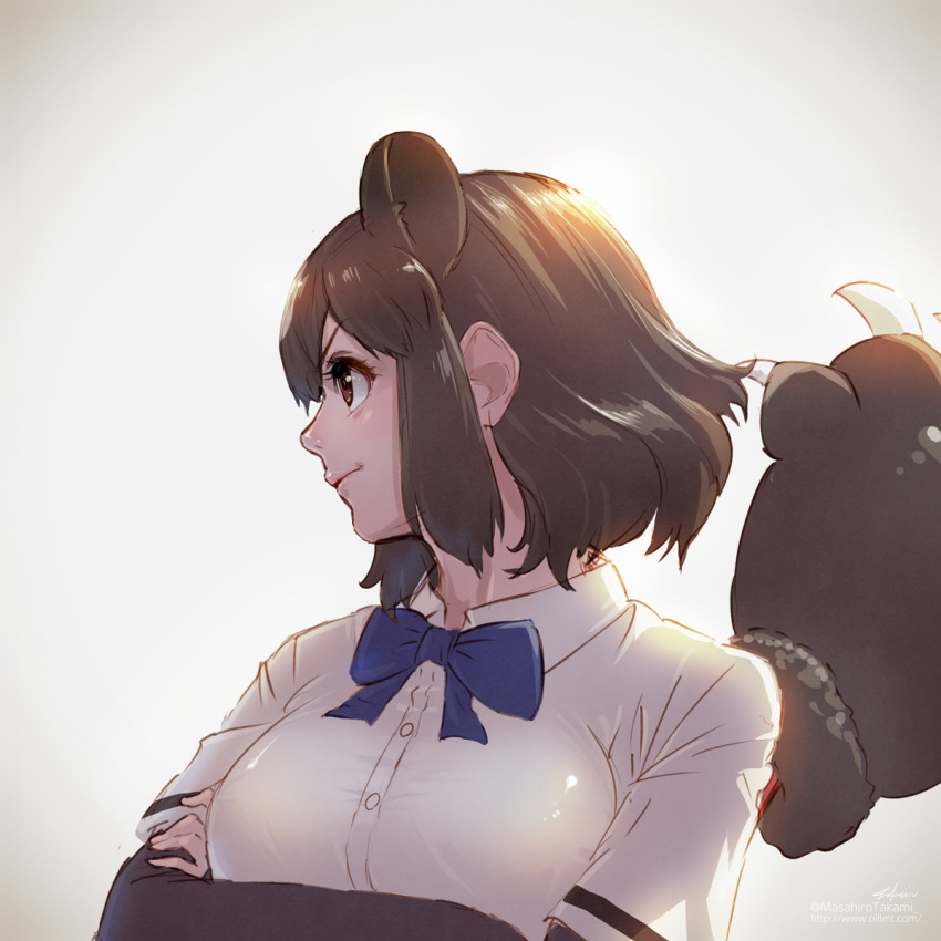 1girl animal_ears bear_ears bear_paw_hammer black_hair blue_bow bow bowtie brown_bear_(kemono_friends) brown_eyes buttons closed_mouth collared_shirt crossed_arms extra_ears grey_hair highres kemono_friends long_sleeves looking_afar medium_hair multicolored_hair profile shirt short_over_long_sleeves short_sleeves sidelocks smile solo takami_masahiro two-tone_hair upper_body v-shaped_eyebrows weapon white_shirt wing_collar
