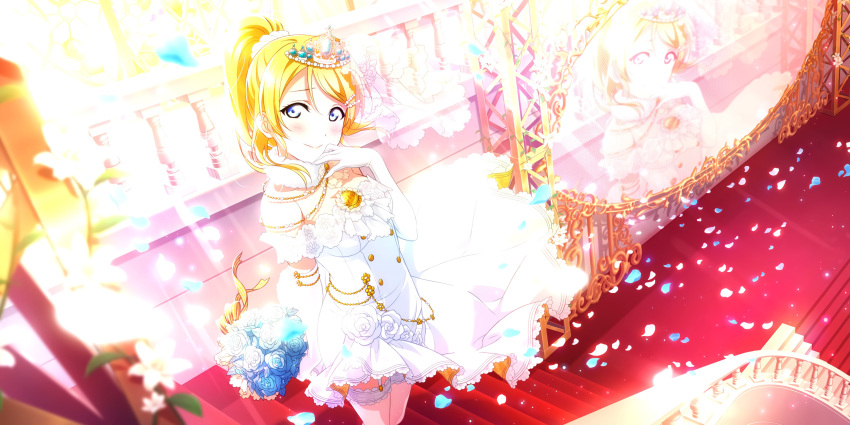 ayase_eli blonde_hair blue_eyes blush dress long_hair love_live!_school_idol_festival_all_stars ponytail veil wedding