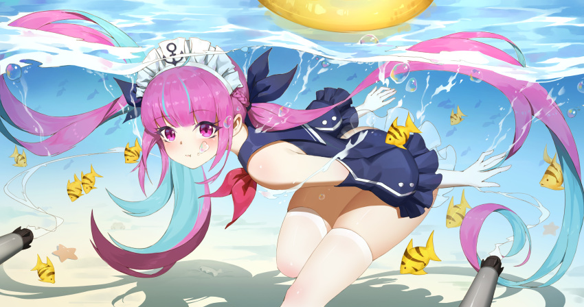 1girl absurdres azur_lane bangs blue_swimsuit blunt_bangs bubble chinese_commentary closed_mouth commentary_request crossover detached_sleeves eyebrows_visible_through_hair fish gloves highres hololive innertube leaning_forward leg_up looking_at_viewer maid_headdress minato_aqua moonofmonster multicolored_hair one-piece_swimsuit purple_hair shadow sidelocks solo standing standing_on_one_leg streaked_hair swimsuit thigh-highs torpedo twintails underwater white_gloves white_legwear