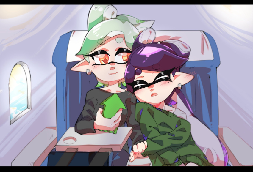 +_+ 2girls aori_(splatoon) black_hair black_shirt blue_pants brown_eyes cellphone chair chinese_commentary closed_eyes commentary_request cousins domino_mask dress earrings eyebrows_visible_through_hair gradient_hair green_dress green_hair grey_hair highres holding holding_cellphone holding_hands holding_phone hotaru_(splatoon) jewelry leaning_on_person leaning_to_the_side light_blush long_hair long_sleeves looking_at_another madaga_(animaofmoon) mask mole mole_under_eye multicolored_hair multiple_girls off_shoulder open_mouth pants phone plane_interior pointy_ears purple_hair shirt short_hair sitting sleeping smartphone smile splatoon_(series) sweater sweater_dress tentacle_hair very_long_hair white_shirt window yuri