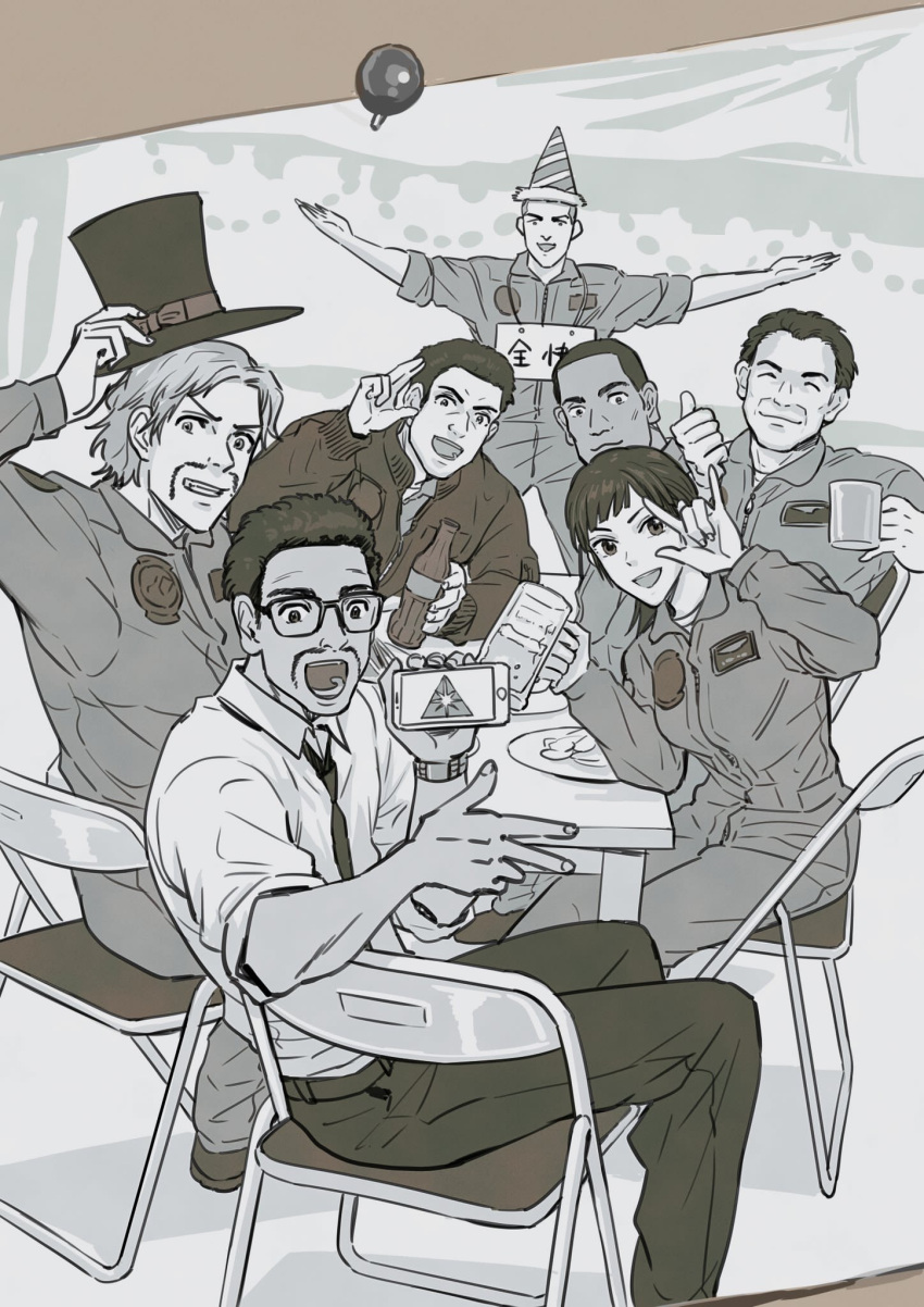1girl 6+boys \m/ ace_combat ace_combat_7 artist_request black_hair bottle cellphone chair closed_eyes count_(ace_combat_7) dark_skin david_north drink everyone glass glasses hat highres holding huxian jaeger_(ace_combat) lanza_(ace_combat) long_hair looking_at_viewer monochrome multiple_boys open_mouth patch phone pilot plate ponytail sitting skald_(ace_combat) smartphone smile symbol table thumbs_up top_hat waving