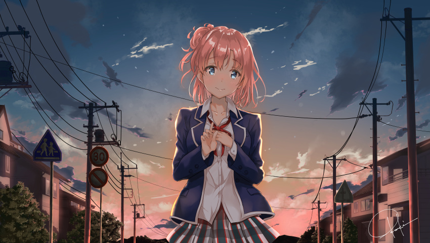 1girl absurdres blue_eyes blue_jacket blush breasts commentary_request eyebrows_visible_through_hair hair_bun highres huge_filesize jacket looking_at_viewer okaki_wtvc3785 outdoors pink_hair pleated_skirt red_ribbon ribbon school_uniform short_hair sign signature skirt smile solo whtie_shirt yahari_ore_no_seishun_lovecome_wa_machigatteiru. yuigahama_yui