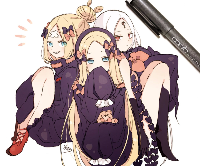 3girls abigail_williams_(fate/grand_order) bangs black_bow black_dress black_headwear black_jacket black_legwear blonde_hair blue_eyes bow closed_mouth covered_mouth crossed_bandaids dress eyebrows_visible_through_hair fate/grand_order fate_(series) forehead grin hair_bow hair_bun hat heroic_spirit_festival_outfit highres jacket kneehighs knees_up long_hair long_sleeves looking_at_viewer multiple_girls multiple_persona object_hug orange_bow parted_bangs photo polka_dot polka_dot_bow red_eyes red_footwear revealing_clothes sharp_teeth shoes signature sleeves_past_fingers sleeves_past_wrists smile sofra stuffed_animal stuffed_toy teddy_bear teeth traditional_media very_long_hair white_hair