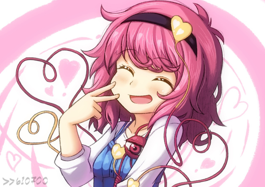 1girl :d alternate_costume bangs blush closed_eyes collarbone drawfag eyeball eyebrows_visible_through_hair hair_ornament hairband heart heart_hair_ornament heart_of_string komeiji_satori open_mouth pink_hair short_hair simple_background smile solo swept_bangs third_eye touhou v