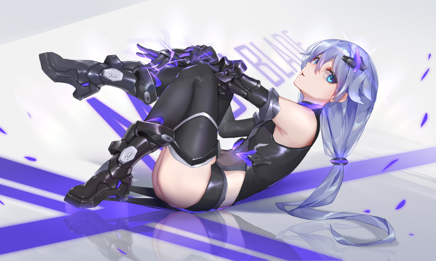 1girl absurdres armpits ass bangs bare_shoulders black_footwear black_gloves black_legwear black_leotard blue_eyes boots chinese_commentary commentary_request covered_navel elbow_gloves electricity english_text from_above fu_hua full_body gloves hair_between_eyes highres honkai_(series) honkai_impact_3rd knee_boots legs_up leotard long_hair looking_at_viewer looking_to_the_side low_ponytail lying on_back parted_lips purple_hair reflective_eyes reflective_floor smile solo thigh-highs wucanming