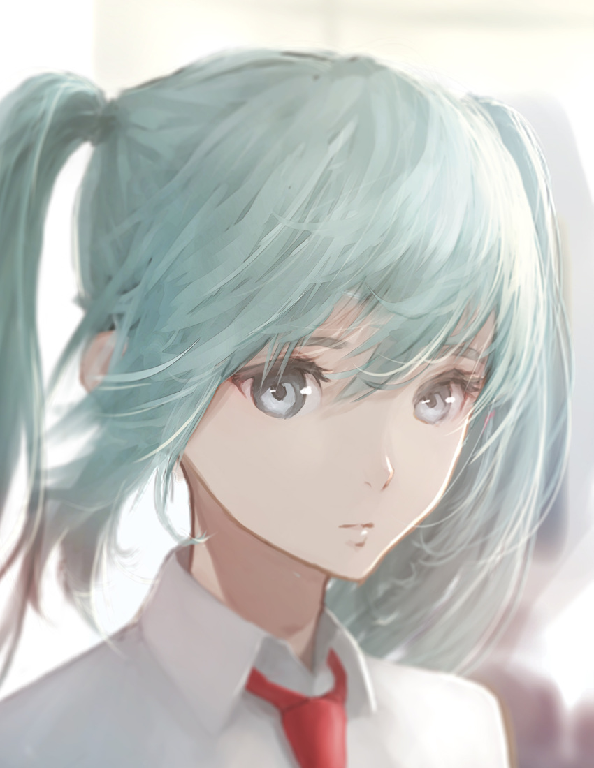 1girl aqua_hair bangs blurry blurry_background commentary expressionless grey_eyes hair_between_eyes hatsune_miku highres long_hair looking_at_viewer necktie ojay_tkym portrait red_neckwear shirt sidelighting solo twintails vocaloid white_shirt