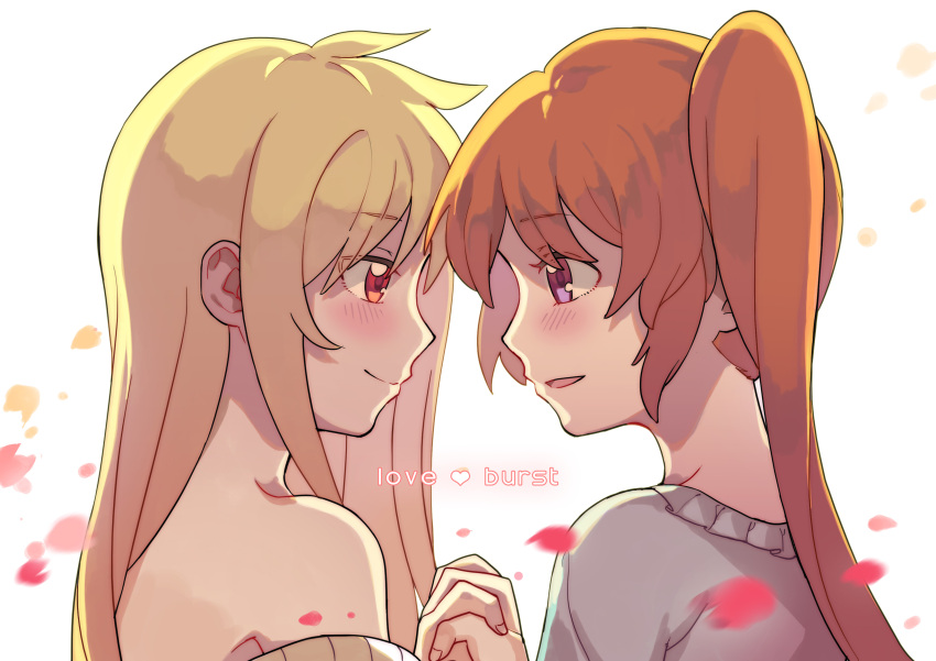 2girls absurdres bare_shoulders blonde_hair blush brown_hair couple english_text eye_contact fate_testarossa happy heart highres holding_hands interlocked_fingers long_hair looking_at_another lyrical_nanoha mahou_shoujo_lyrical_nanoha mahou_shoujo_lyrical_nanoha_strikers multiple_girls petals rakuichi red_eyes side_ponytail simple_background smile takamachi_nanoha very_long_hair violet_eyes white_background yuri