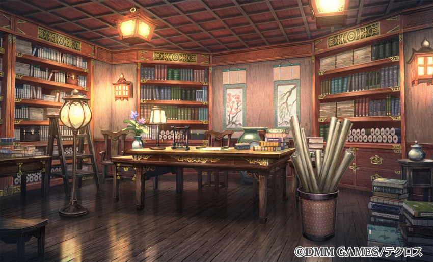 ayakashi_rumble! book bookshelf ceiling chair copyright_request desk fantasy hanging_scroll indoors lamp no_humans official_art reflection scenery scroll shiki_makoto stepladder table urn vase watermark wooden_floor