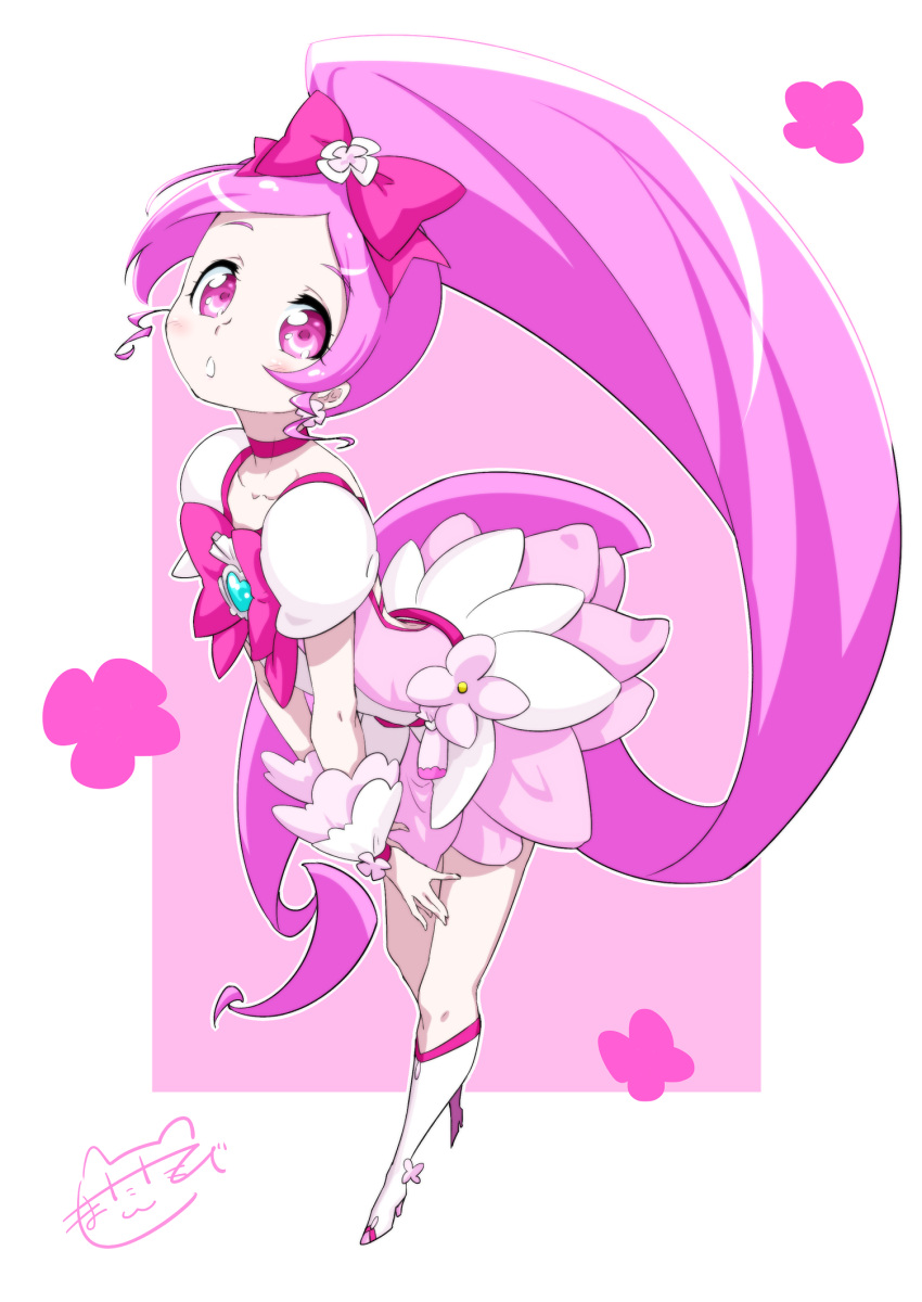 1girl :o back_cutout blush boots border bow bowtie choker clover clover_earrings clover_hair_ornament collarbone cure_blossom dress eyebrows_visible_through_hair flower foreshortening four-leaf_clover full_body hair_bow hair_ornament hanasaki_tsubomi heart heartcatch_precure! high_heel_boots high_heels highres leaning_forward long_hair looking_at_viewer magical_girl matatabi_(karukan222) open_mouth outside_border perspective pink_bow pink_choker pink_dress pink_eyes pink_hair ponytail precure signature solo two-tone_dress very_long_hair white_border white_dress wrist_cuffs