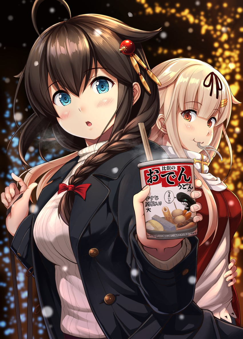 2girls ahoge alternate_costume black_hair black_jacket blonde_hair blue_eyes braid chopsticks commentary_request eating food hair_flaps hair_ornament hair_over_shoulder hair_ribbon hairclip highres ichikawa_feesu jacket kantai_collection long_hair looking_at_viewer multiple_girls oden open_mouth outdoors ramen red_eyes red_jacket remodel_(kantai_collection) ribbon scarf shigure_(kantai_collection) single_braid snow upper_body white_scarf winter_clothes yuudachi_(kantai_collection)